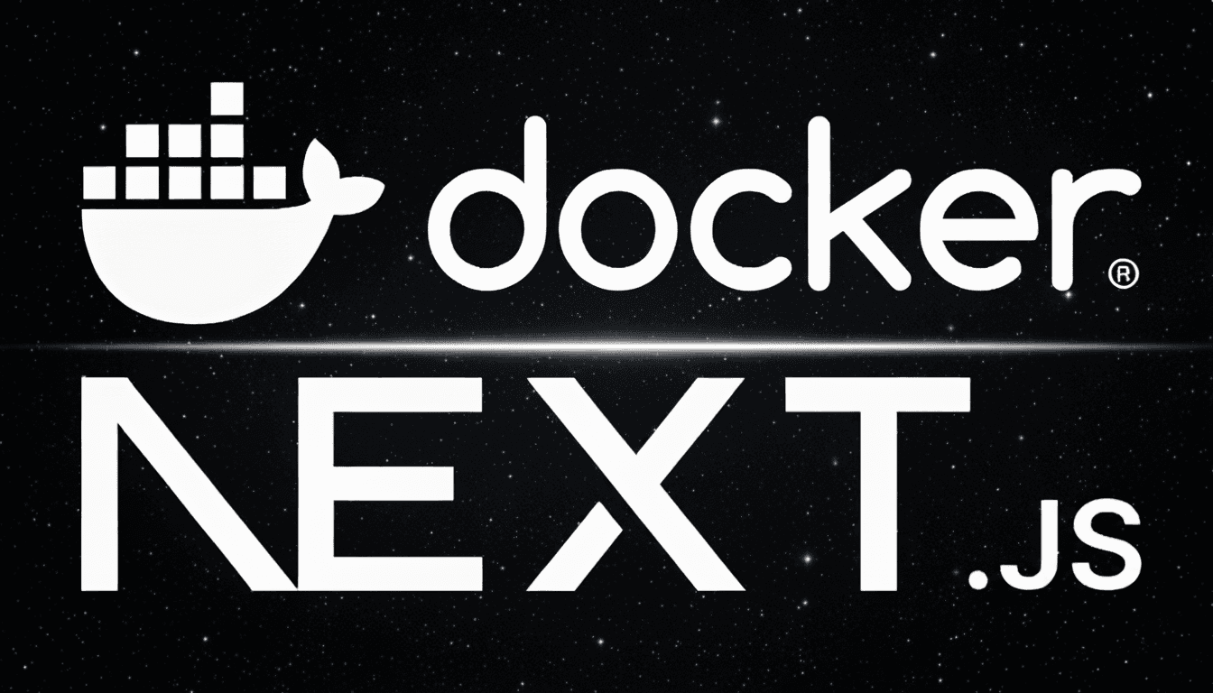 Black background with the Docker logo (a white whale) above the large white text 'NEXT.js', symbolising the concept of Dockerising a Next.js application.