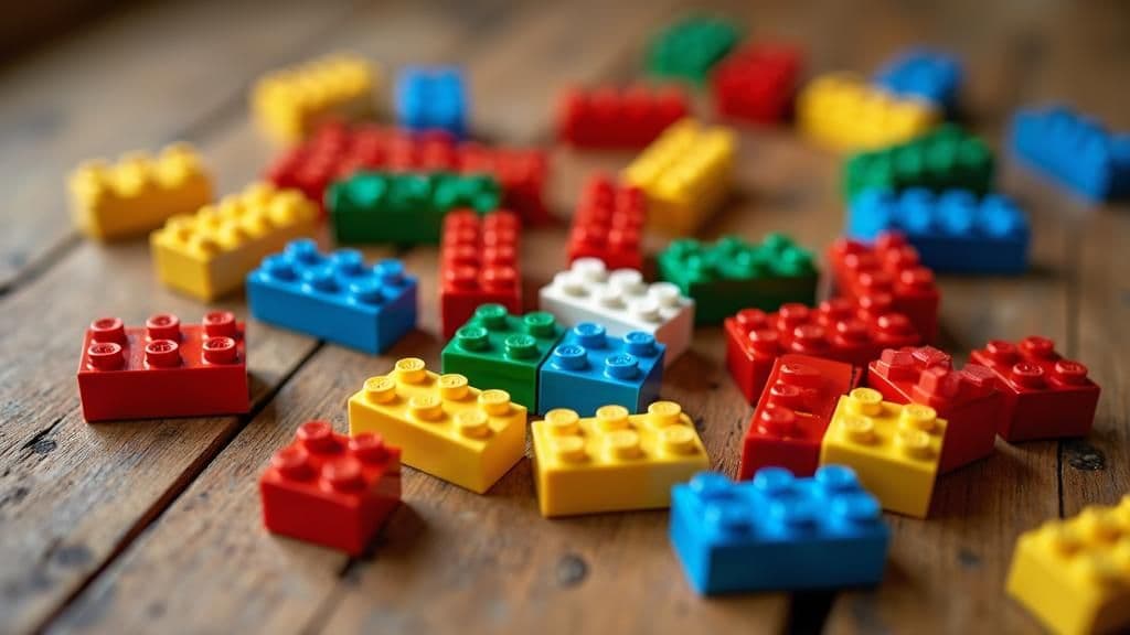 Assorted red, yellow, green, blue and white plastic building blocks scattered on a wooden tabletop